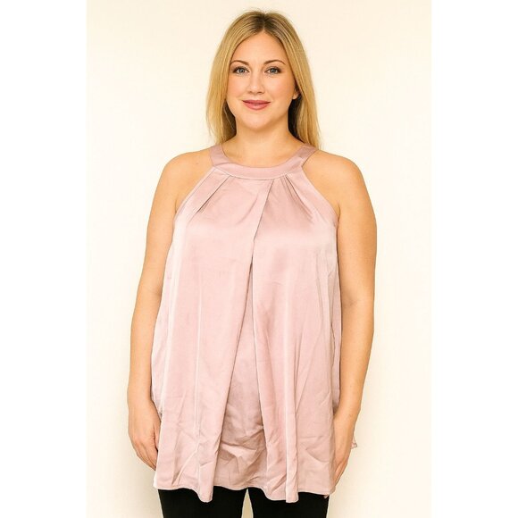 Blush Pink Sleeveless Pleated Halter Top With Button Back Closure - Picture 1 of 9